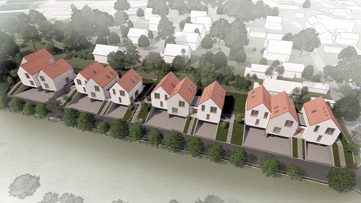 Vizualizace zástavby — celkový pohled na 12 rodinných domů