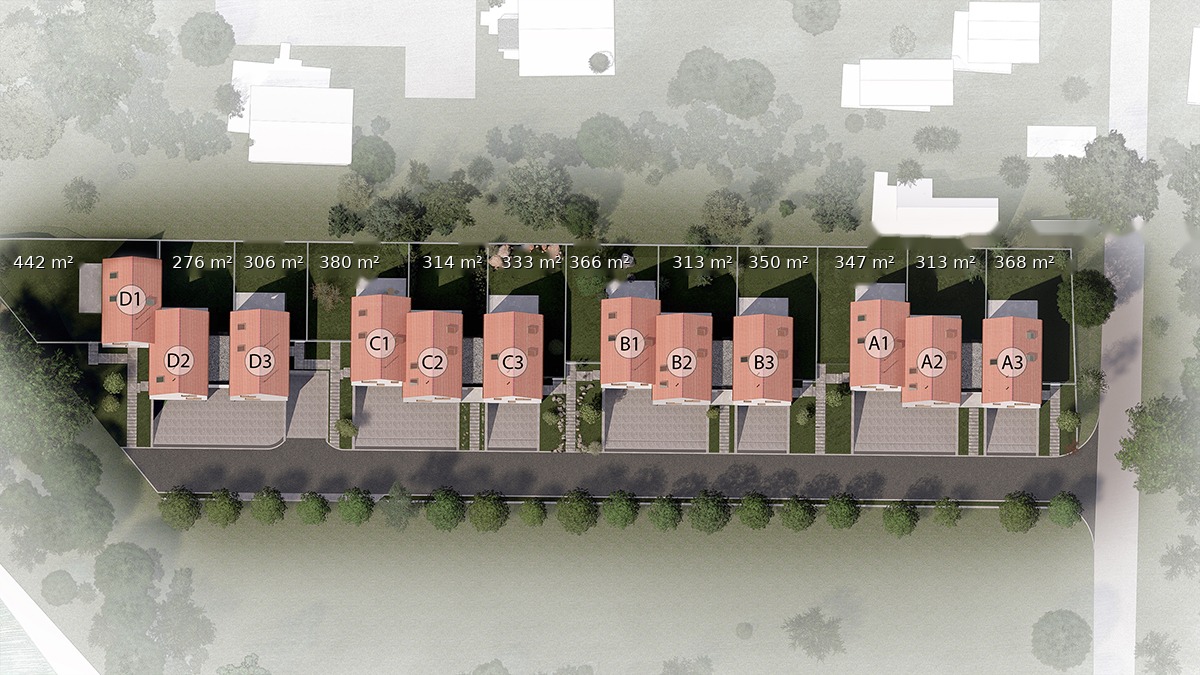 Situační plán zobrazující rozmístění 12 rodinných domů v projektu Bydlení Lužec