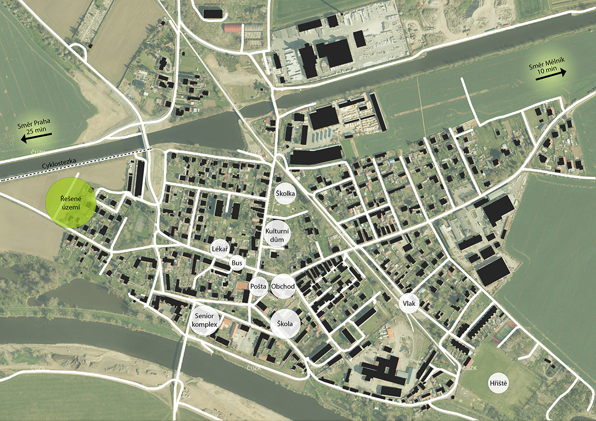 Mapa Lužce nad Vltavou s vyznačenou polohou projektu